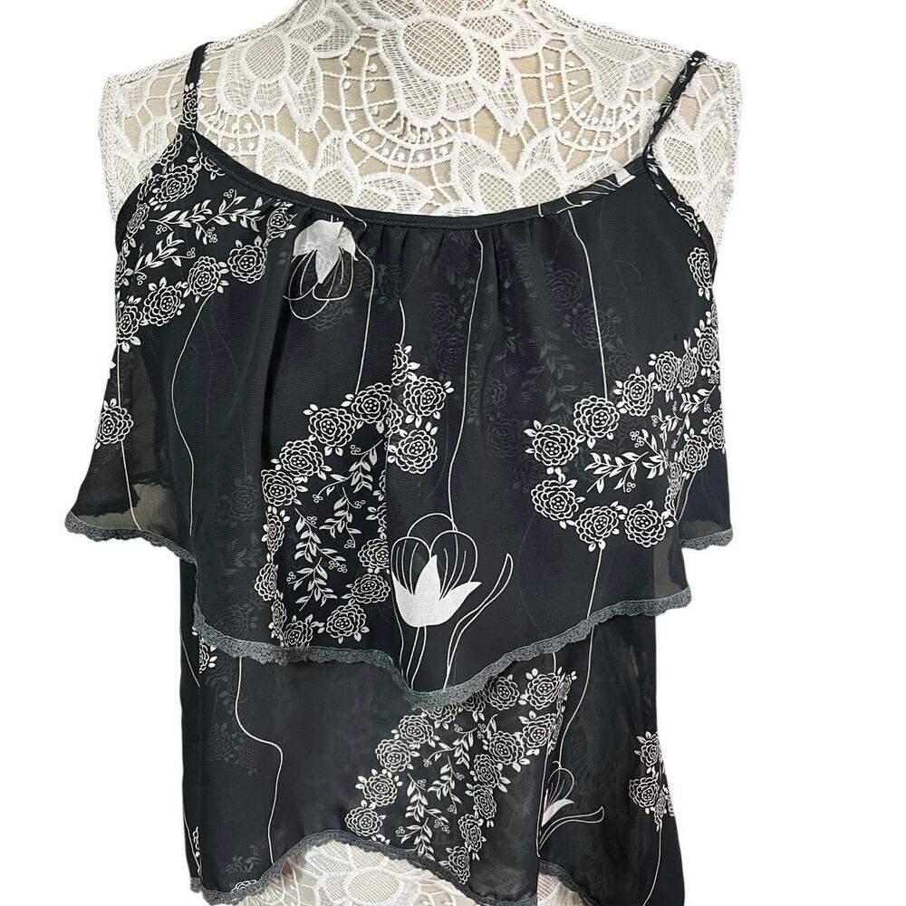 Kiva Sheer Floral Spaghetti Strap Ruffle Top Gray White Made in USA Large
